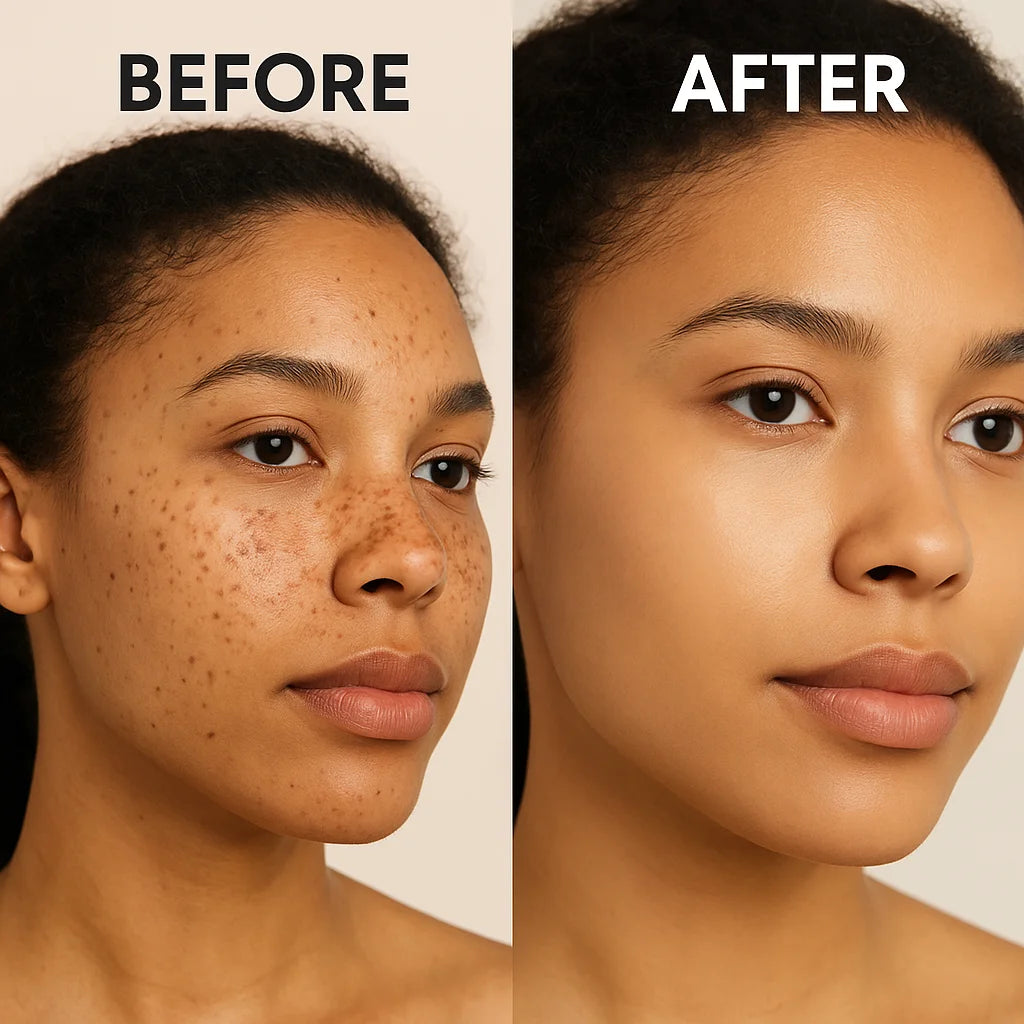 Before and after skincare results showing reduced freckles, smoother texture, and brighter even-looking skin with AFCARE® cream